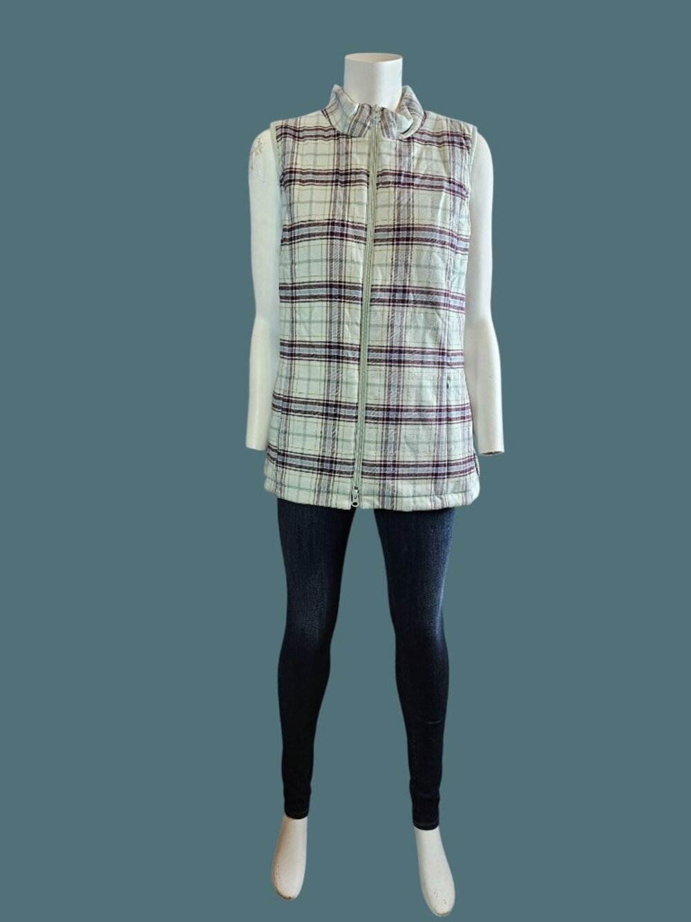 J. Jill Green Brown Plaid Grunge Full Zip Vest Women Medium Zippered Pockets